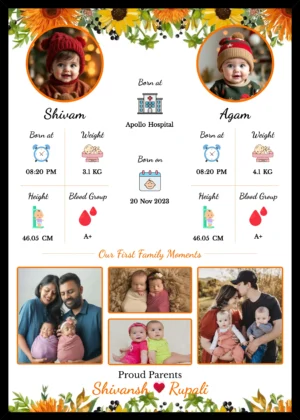 Twin Baby Birth Details Customizable Photo Frame