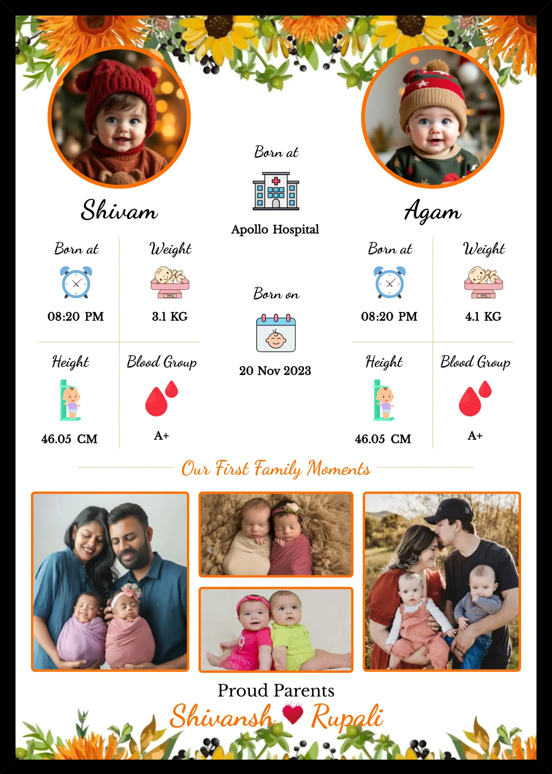 Twin Baby Birth Details Customizable Photo Frame