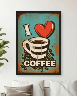 I Love Coffee Vintage Wall Art Frame with Retro Coffee Cup Design