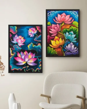 Colorful Lotus Flower Wall Art Frame Set with Vibrant Floral Artwork