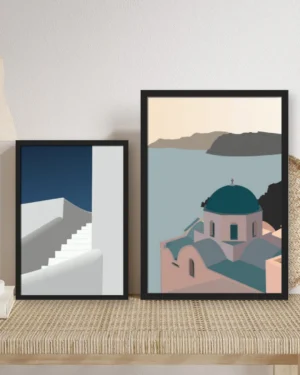 Premium Santorini Style Wall Art Frame Set Featuring Greek Island Architecture and Coastal Landscape