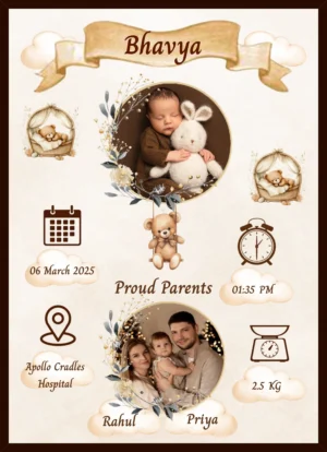 Vintage Teddy Personalized Baby Birth Details Photo Frame