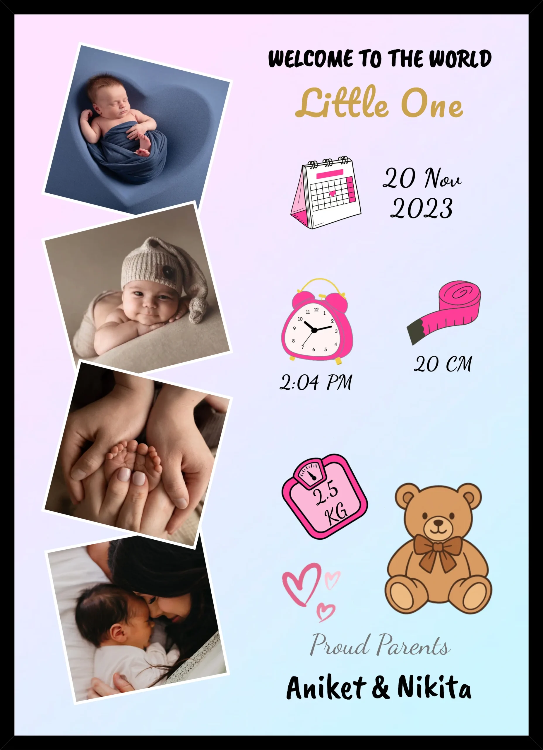 Welcome Little One Personalized Baby Birth Details Photo Frame