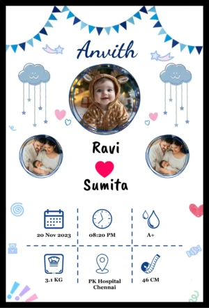 Personalized Baby Birth Details Photo Frame With Name, Date, Time And Cute Memory Design