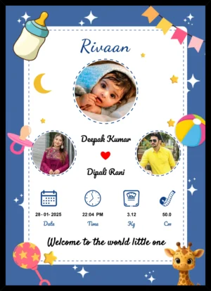 Personalized baby birth details photo frame with name date time weight height and parents photos