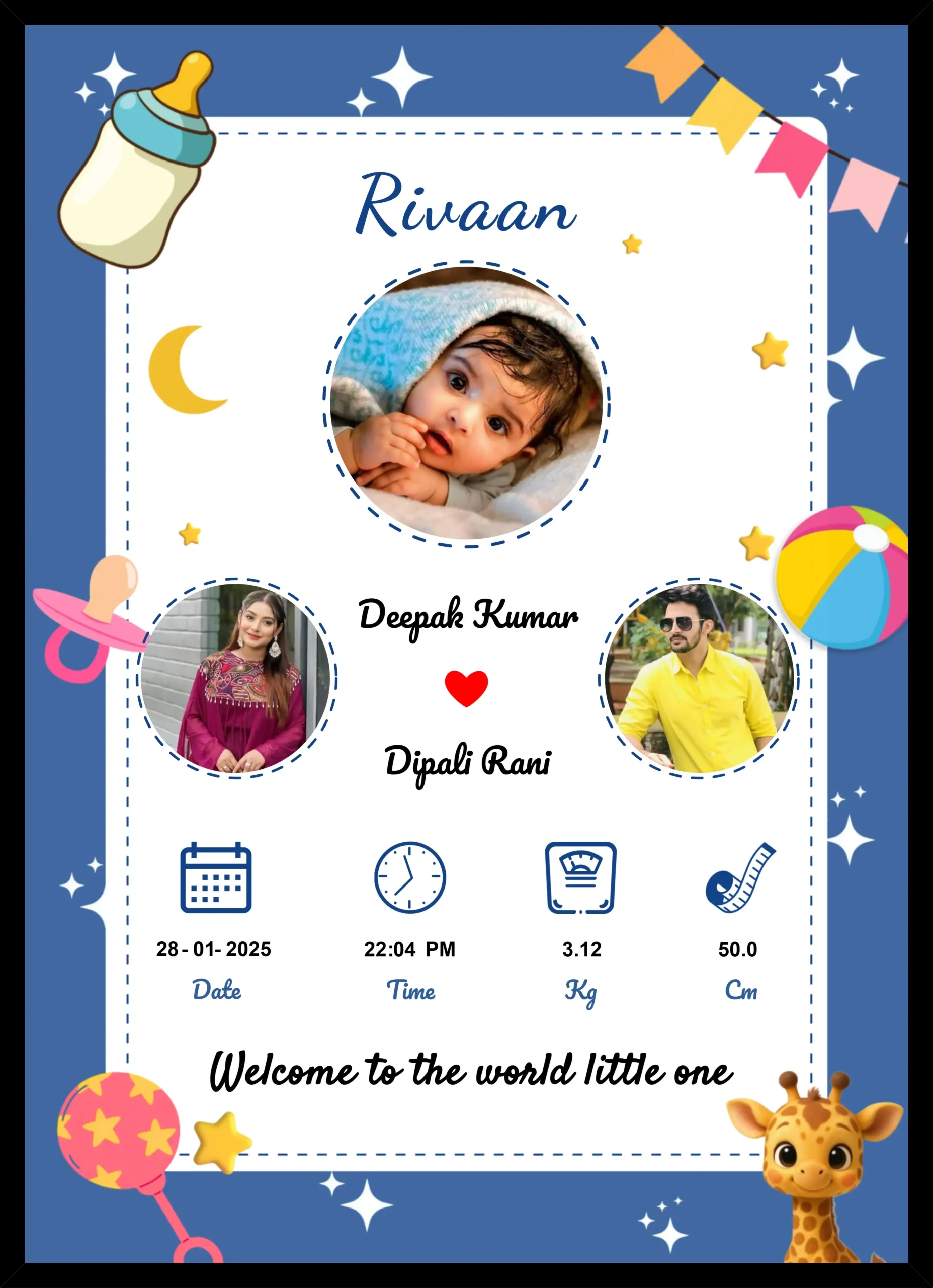 Personalized baby birth details photo frame with name date time weight height and parents photos