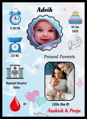 Personalized baby birth details photo frame with newborn photo name date time weight and parents names