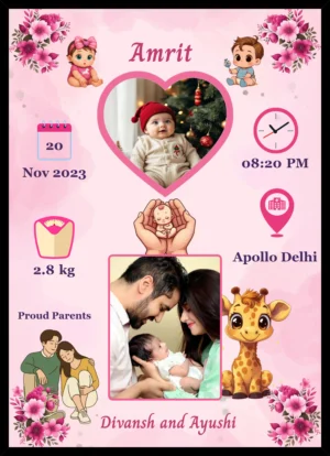 Personalized baby birth details photo frame with name date time weight place and parent photo