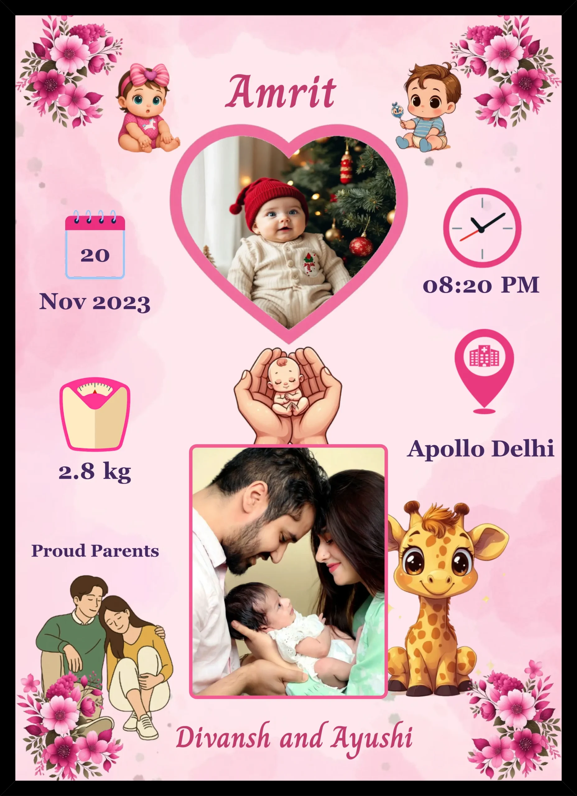 Personalized baby birth details photo frame with name date time weight place and parent photo