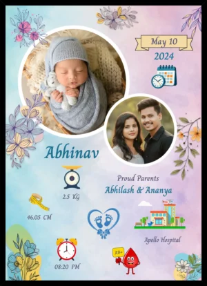 Personalized newborn baby birth announcement photo frame with photo and birth details