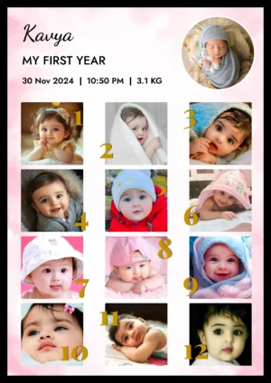 Personalized baby first year photo frame with 12 month collage