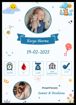 Personalized newborn baby birth details photo frame customisable with photo and stats