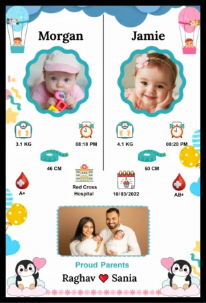 Personalized twins baby birth photo frame with twin newborn photos and birth details