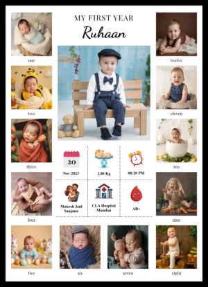 Baby First Year Photo Collage Frame with 12 monthly baby pictures and keepsake design