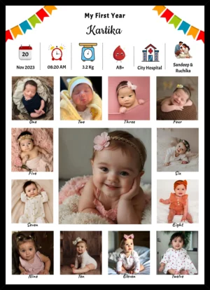 Baby First Year Photo Frame with custom name, birth details and 12 month milestone photos