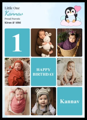 Personalized first birthday baby photo collage frame with custom name