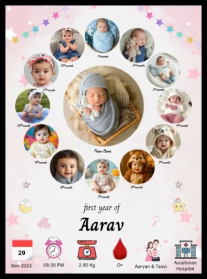 First year baby photo collage frame with 12 month milestone photos and newborn picture