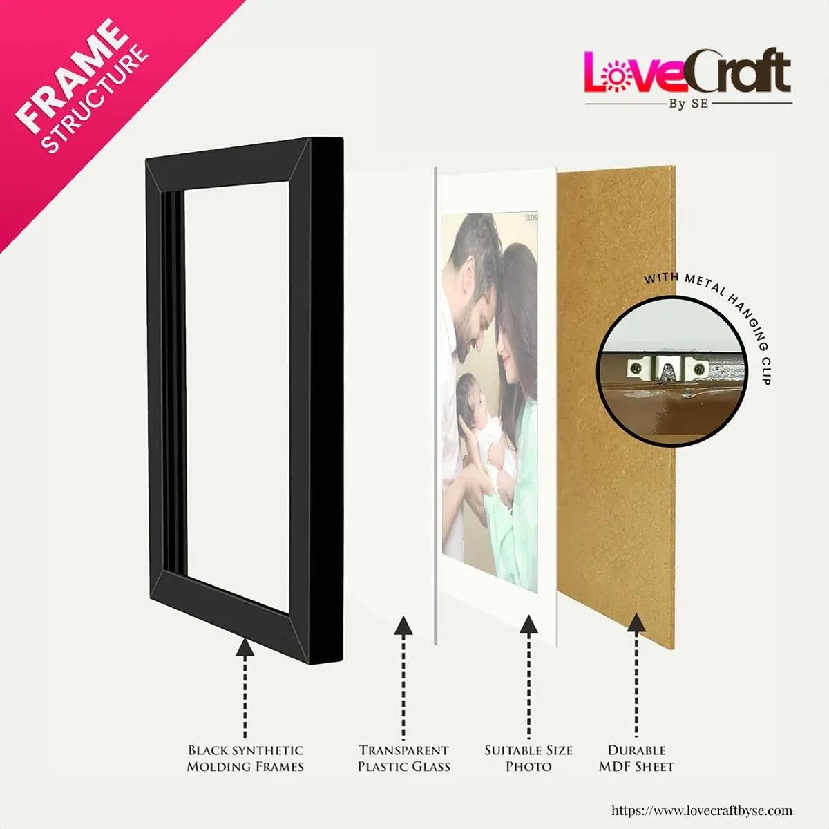 Personalized photo frame with black synthetic frame, plastic glass and MDF back panel
