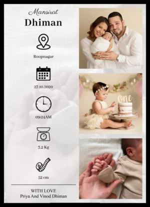 Personalized baby keepsake photo frame with birth details and precious moments collage