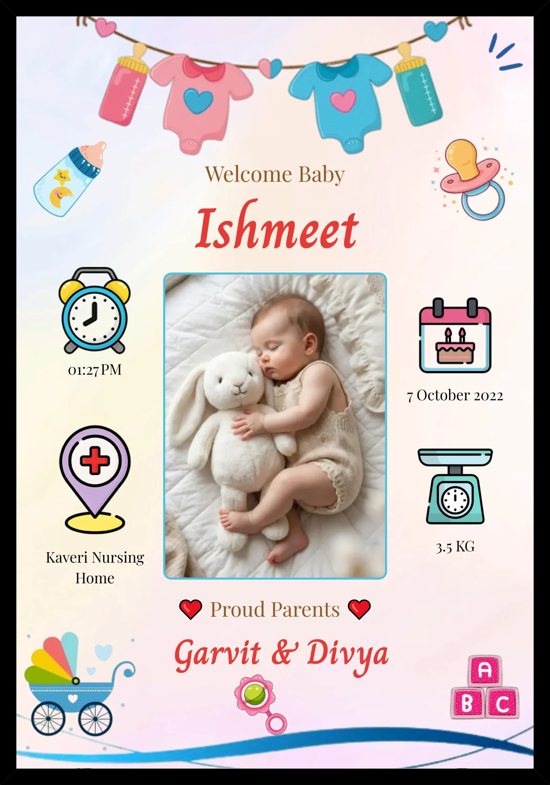 Personalized newborn baby welcome frame with custom birth details, baby name, date, time and weight photo display