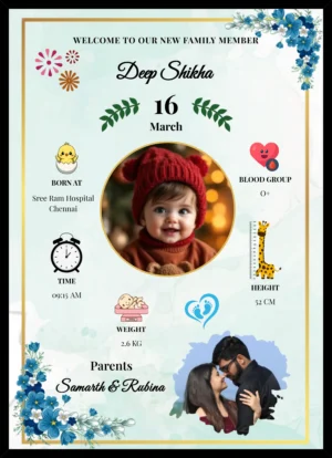 Personalized baby birth frame with newborn photo, name, birth date, time, weight and height