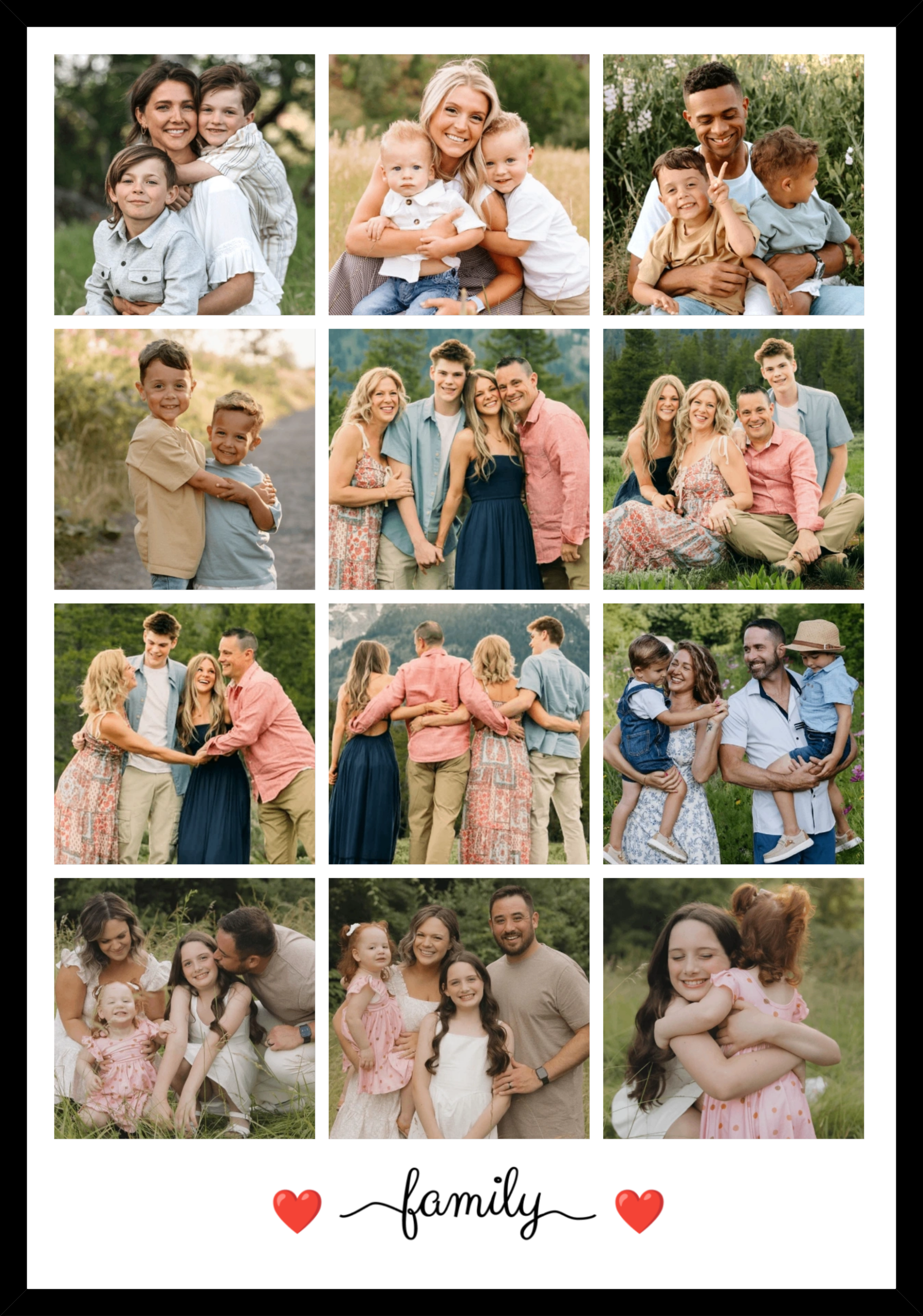 Custom family photo collage frame with multiple pictures in grid layout wall art