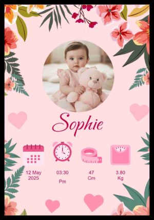 Personalized floral baby birth frame with name photo and newborn details
