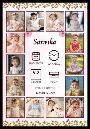 Custom newborn baby photo collage frame with name and birth details