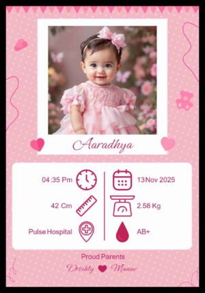 Personalized baby photo frame with name and birth details for newborn baby boy or girl