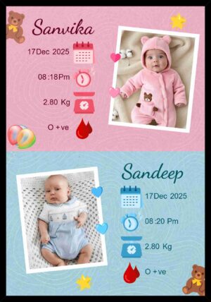 Personalized twin baby memory frame with photos and birth details
