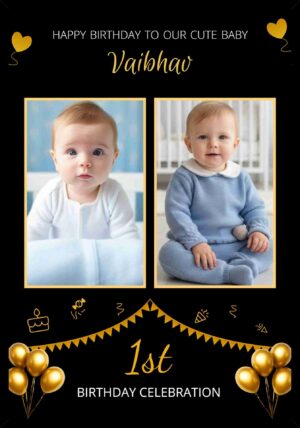Customisable black birthday celebration photo frame featuring blue and yellow bunting, stars, balloons, and space for four personalised baby photos.