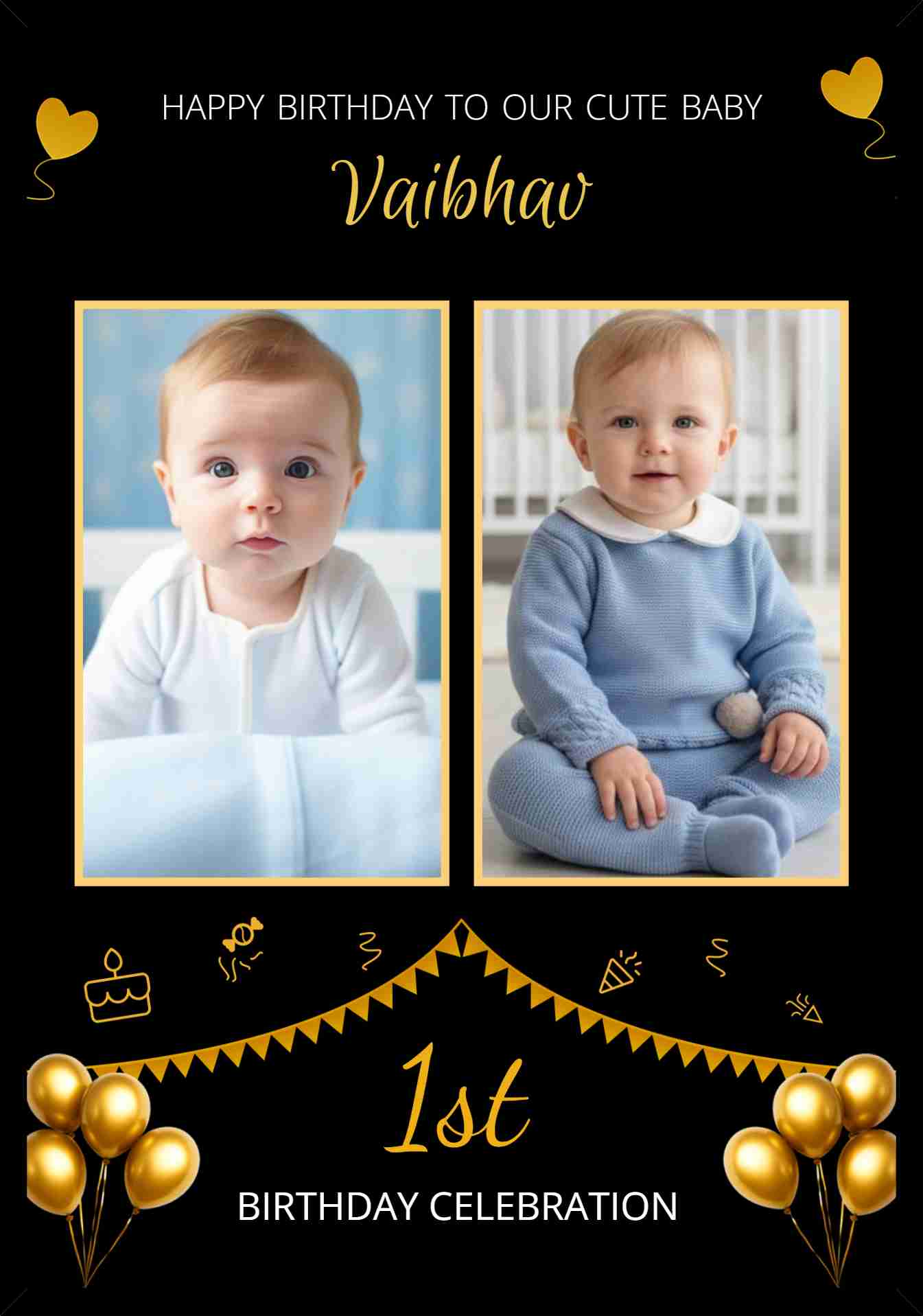 Customisable black birthday celebration photo frame featuring blue and yellow bunting, stars, balloons, and space for four personalised baby photos.