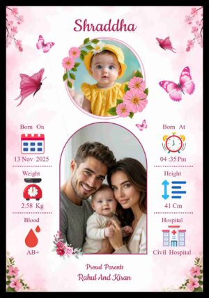 Customized pink floral baby birth announcement photo frame featuring baby and parents' pictures, weight, height, and birth time.