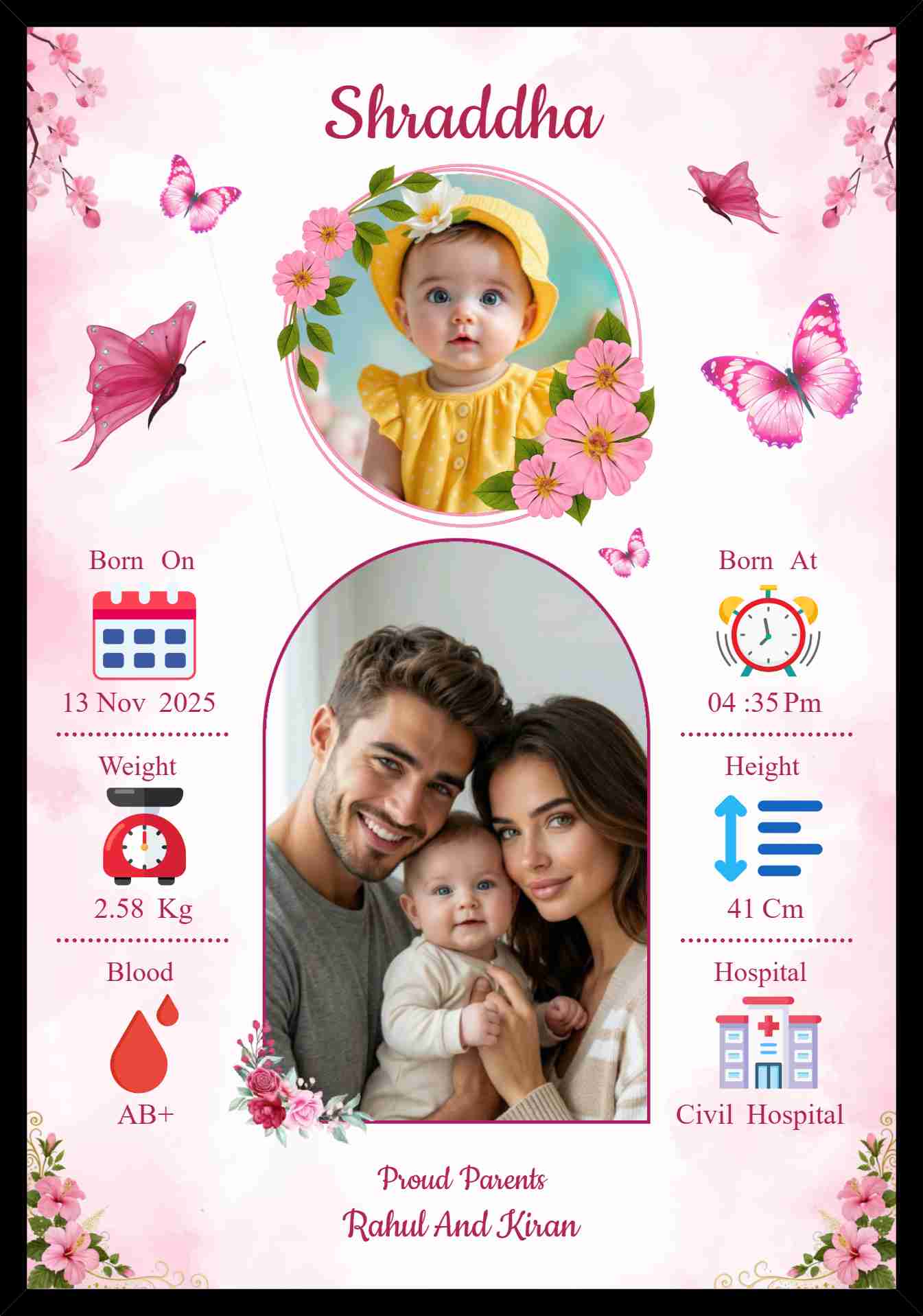 Customized pink floral baby birth announcement photo frame featuring baby and parents' pictures, weight, height, and birth time.