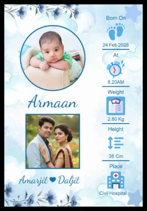 Personalized Baby Birth Details Frame with Parents Photo Birth Date Time Weight Height Hospital Information