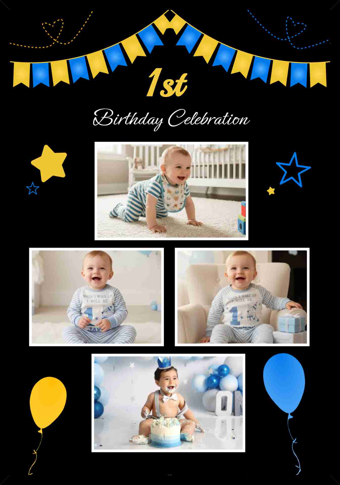 Personalized baby birthday photo collage frame with colorful birthday theme