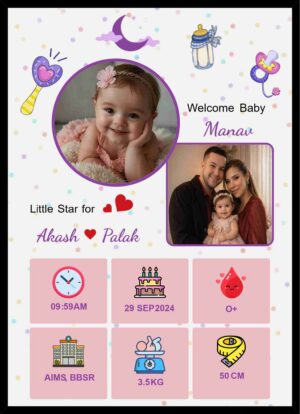 Personalized purple and stars theme baby keepsake photo frame featuring two baby photos and a custom birth statistics grid.
