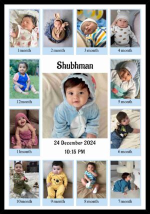Personalized baby monthly milestone photo frame with 12 month baby photos
