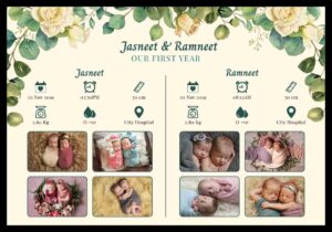 Personalized twin babies first year photo collage frame with custom names and baby photos