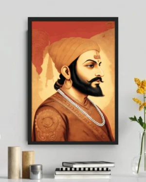Artistic side-profile portrait of the Maratha King Chhatrapati Shivaji Maharaj in warm terracotta and gold tones, displayed in a black frame.