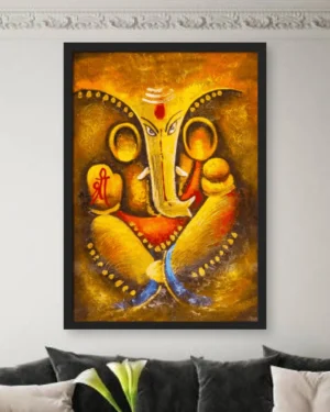 Divine Lord Ganesha Spiritual Wall Art Frame featuring vibrant devotional artwork symbolizing wisdom, prosperity, and blessings.