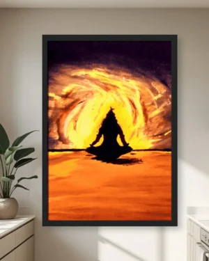 Silhouette of Lord Shiva meditating against a vibrant golden sunrise in a modern black frame.