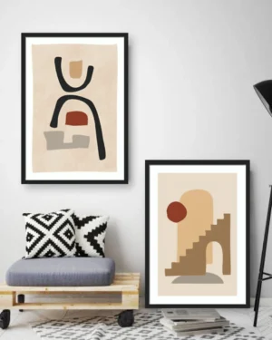 Neutral Boho Abstract Wall Art Frame Set of 2 featuring minimalist geometric shapes, earthy beige tones, and Scandinavian-inspired modern artwork.