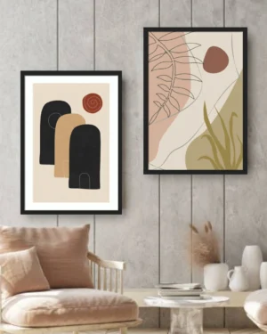 Modern Bohemian Abstract Shape Wall Art Collection featuring minimalist geometric forms, neutral earth tones, and contemporary boho-inspired artwork.
