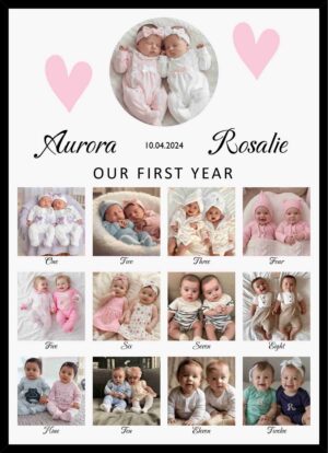 Personalized twin baby journey frame with monthly milestone photos names and birth date
