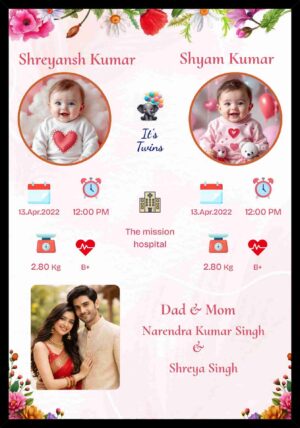 Personalized twin newborn photo collage frame with names, birth details and parents photo