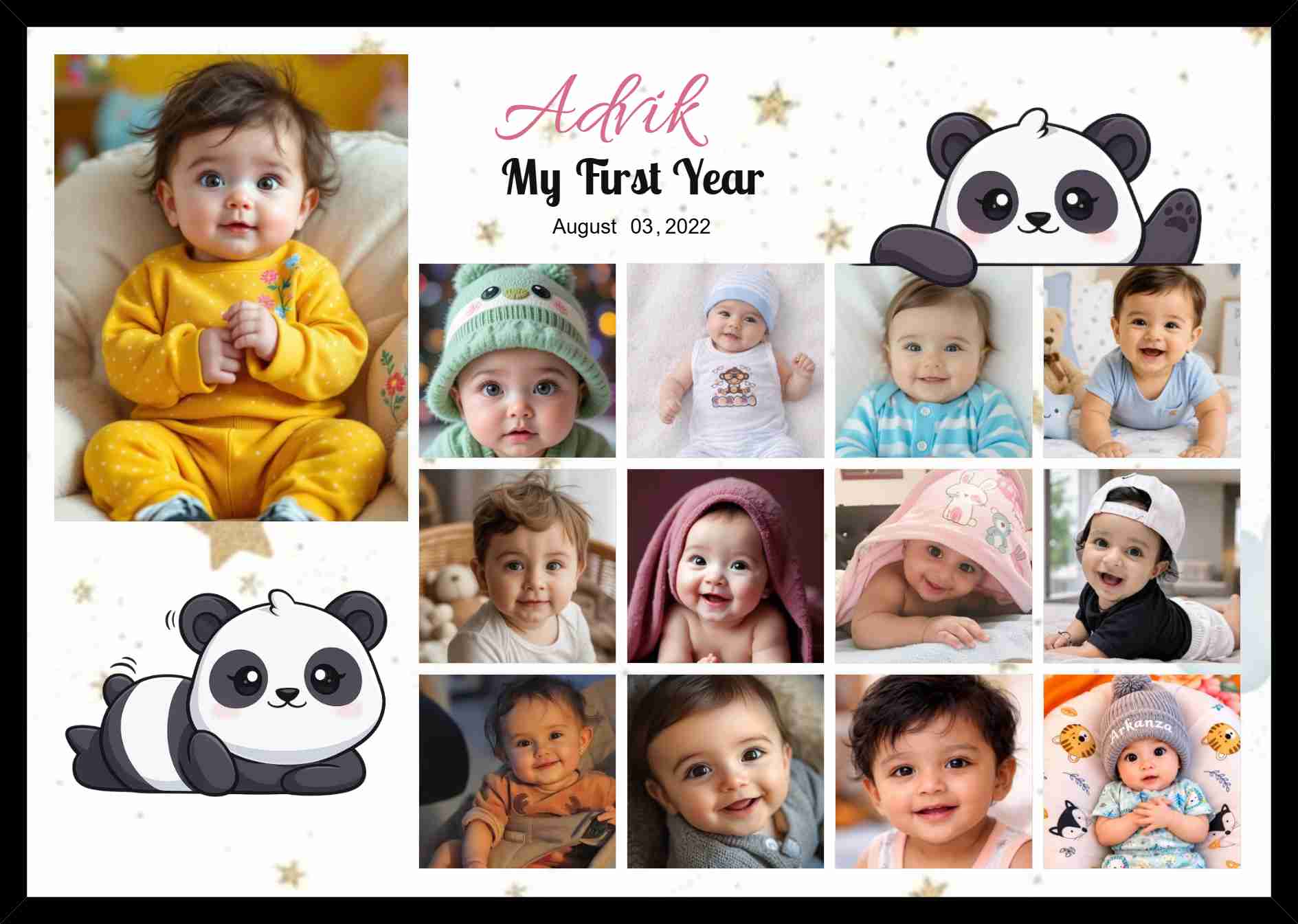 Personalized baby first year photo collage frame with name, date and custom baby milestone photos