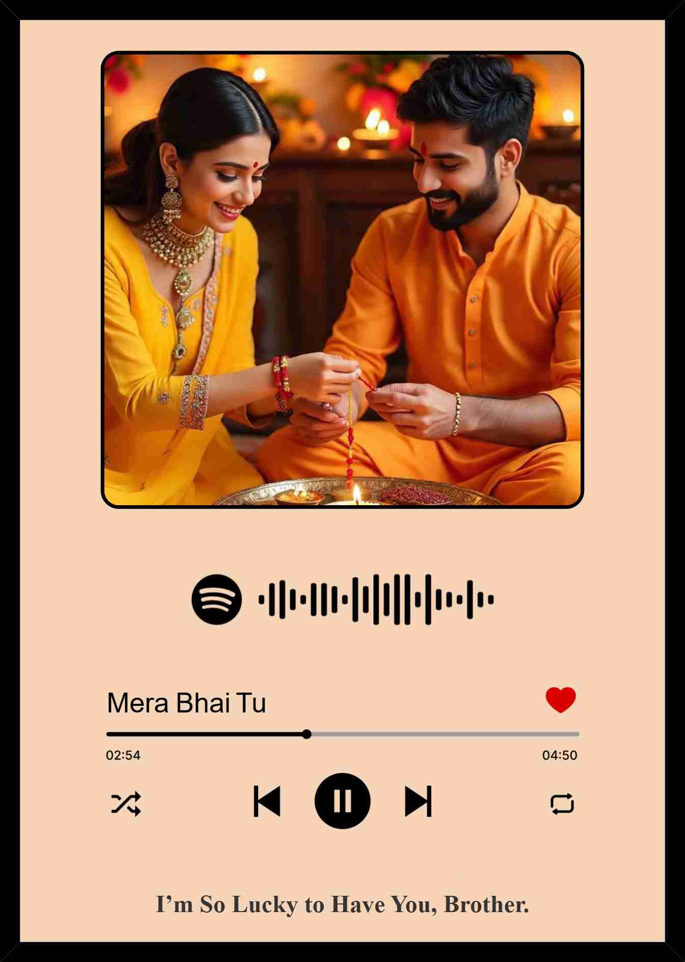 Personalized Brother Photo Frame with Spotify Song Design featuring a custom photo, music player-inspired layout, favorite song, and heartfelt message. Perfect for Raksha Bandhan and birthday gifts.