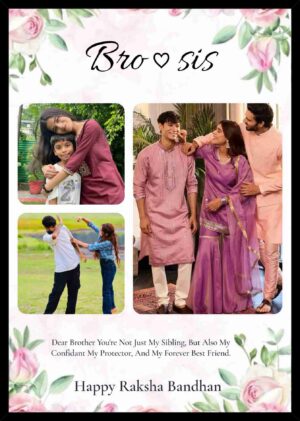 Personalized Brother Sister Raksha Bandhan Photo Collage Frame with Custom Photos and Floral Design