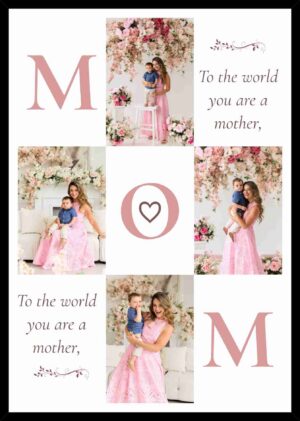 Personalized MOM photo collage frame with custom family pictures, elegant floral design, M O M lettering, and premium framed wall décor for mothers.
